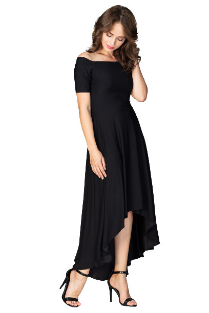 Sukienka Maxi - Asymetryczna Z Odkrytymi Ramionami - czarna